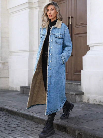 Sherpa Lined Longline Denim Jacket-Nordavory