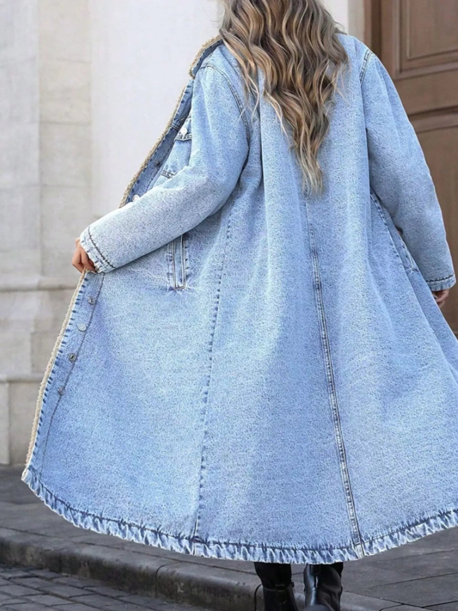 Sherpa Lined Longline Denim Jacket-Nordavory