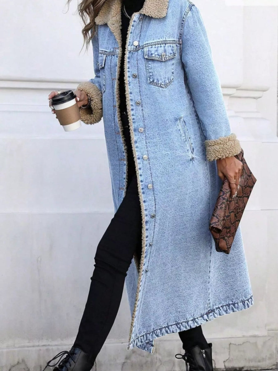Sherpa Lined Longline Denim Jacket-Nordavory