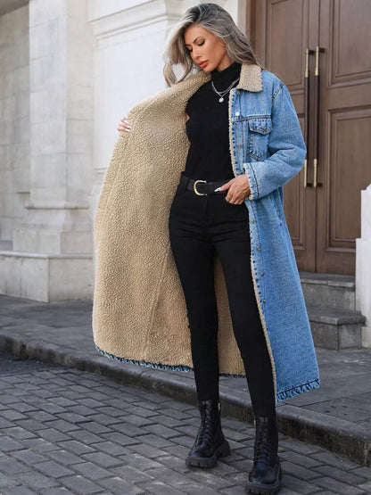 Sherpa Lined Longline Denim Jacket-Nordavory