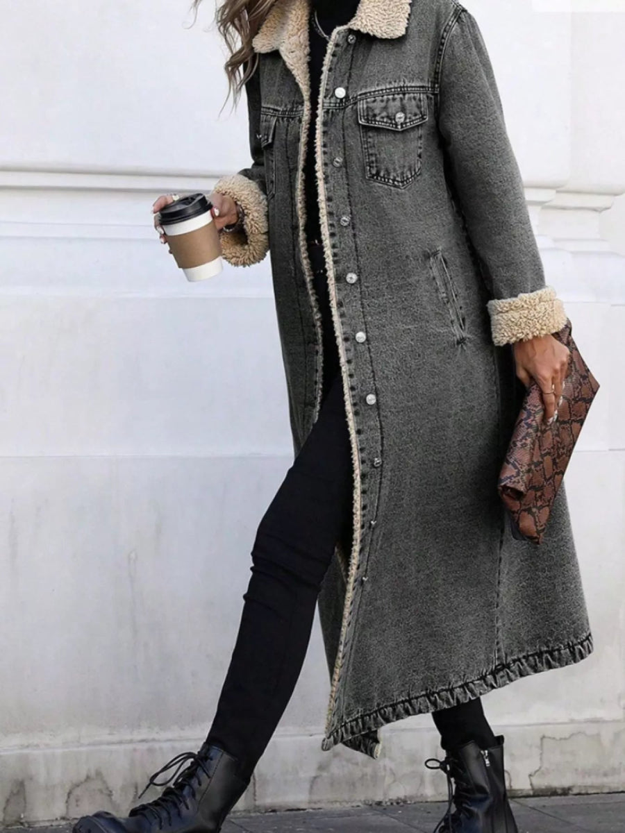Sherpa Lined Longline Denim Jacket-Nordavory