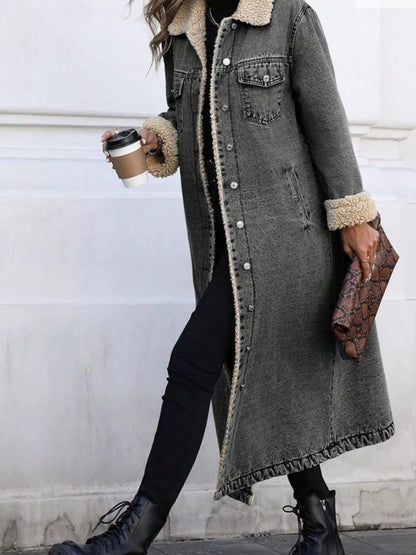 Sherpa Lined Longline Denim Jacket-Nordavory