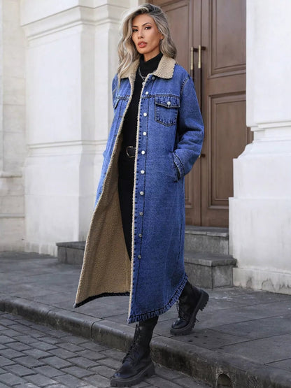 Sherpa Lined Longline Denim Jacket-Nordavory