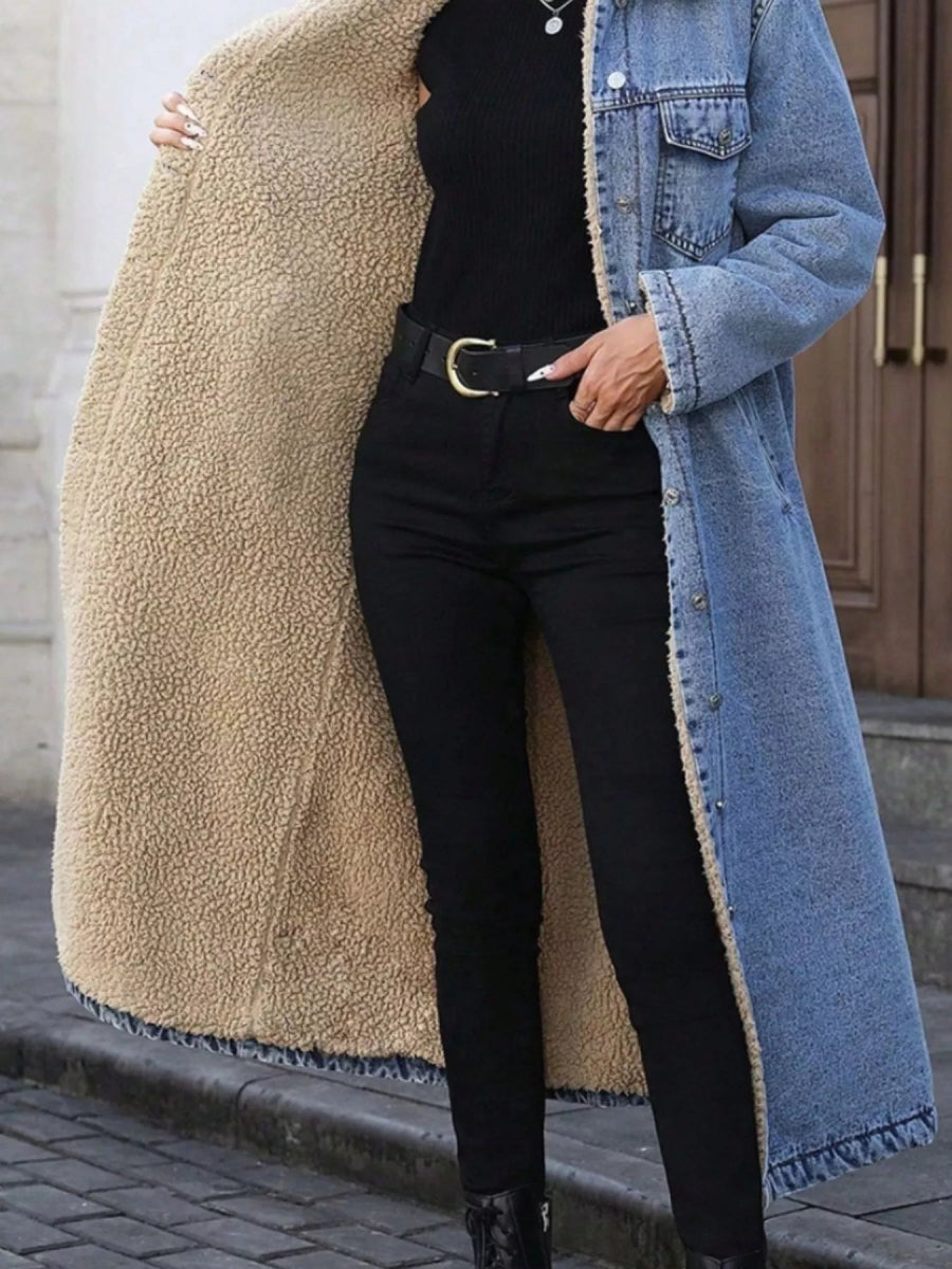 Sherpa Lined Longline Denim Jacket-Nordavory