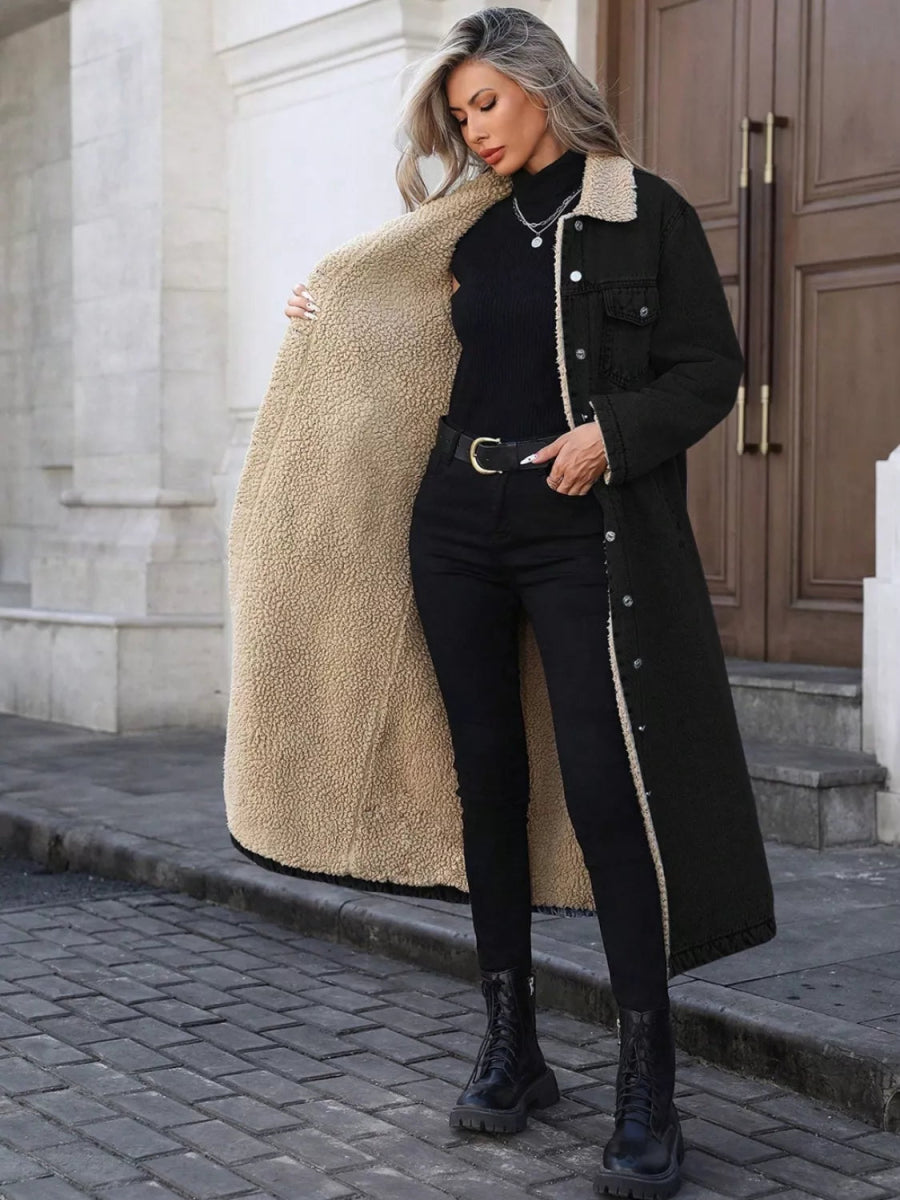 Sherpa Lined Longline Denim Jacket-Nordavory