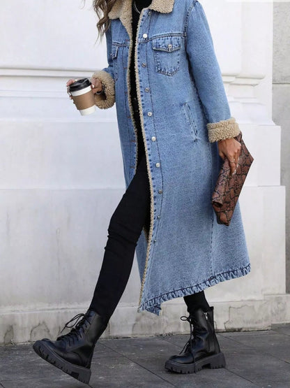 Sherpa Lined Longline Denim Jacket-Nordavory