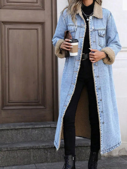Sherpa Lined Longline Denim Jacket-Nordavory