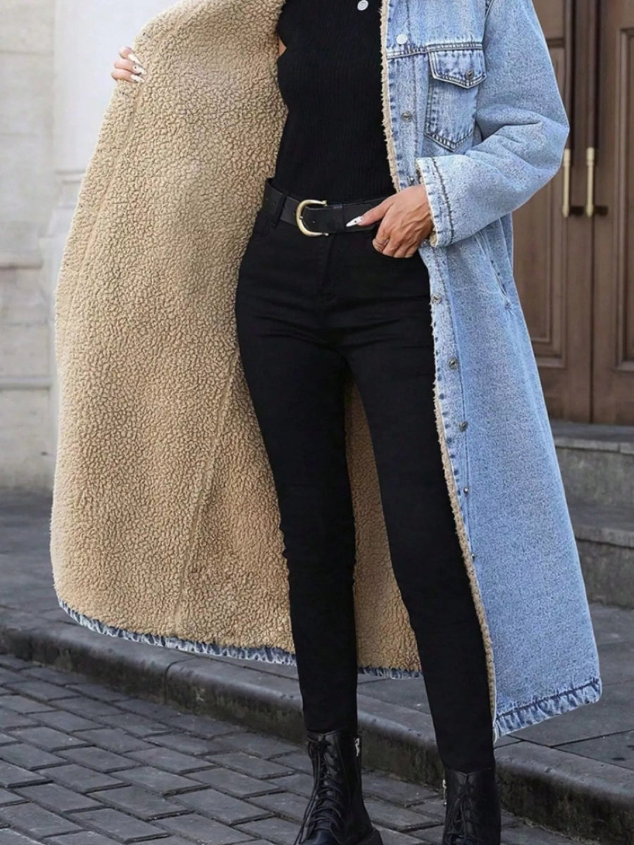 Sherpa Lined Longline Denim Jacket-Nordavory