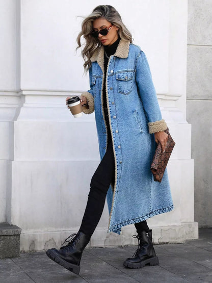 Sherpa Lined Longline Denim Jacket-Nordavory