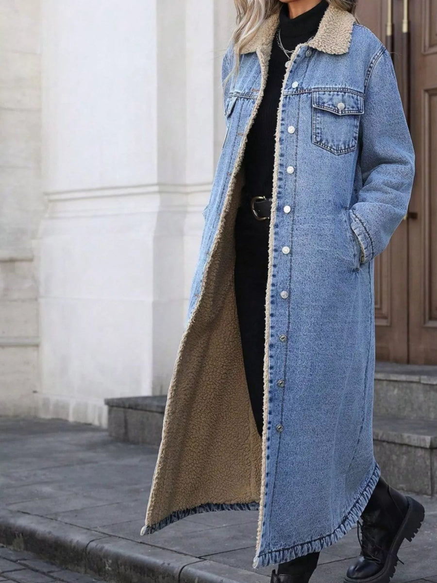 Sherpa Lined Longline Denim Jacket-Nordavory