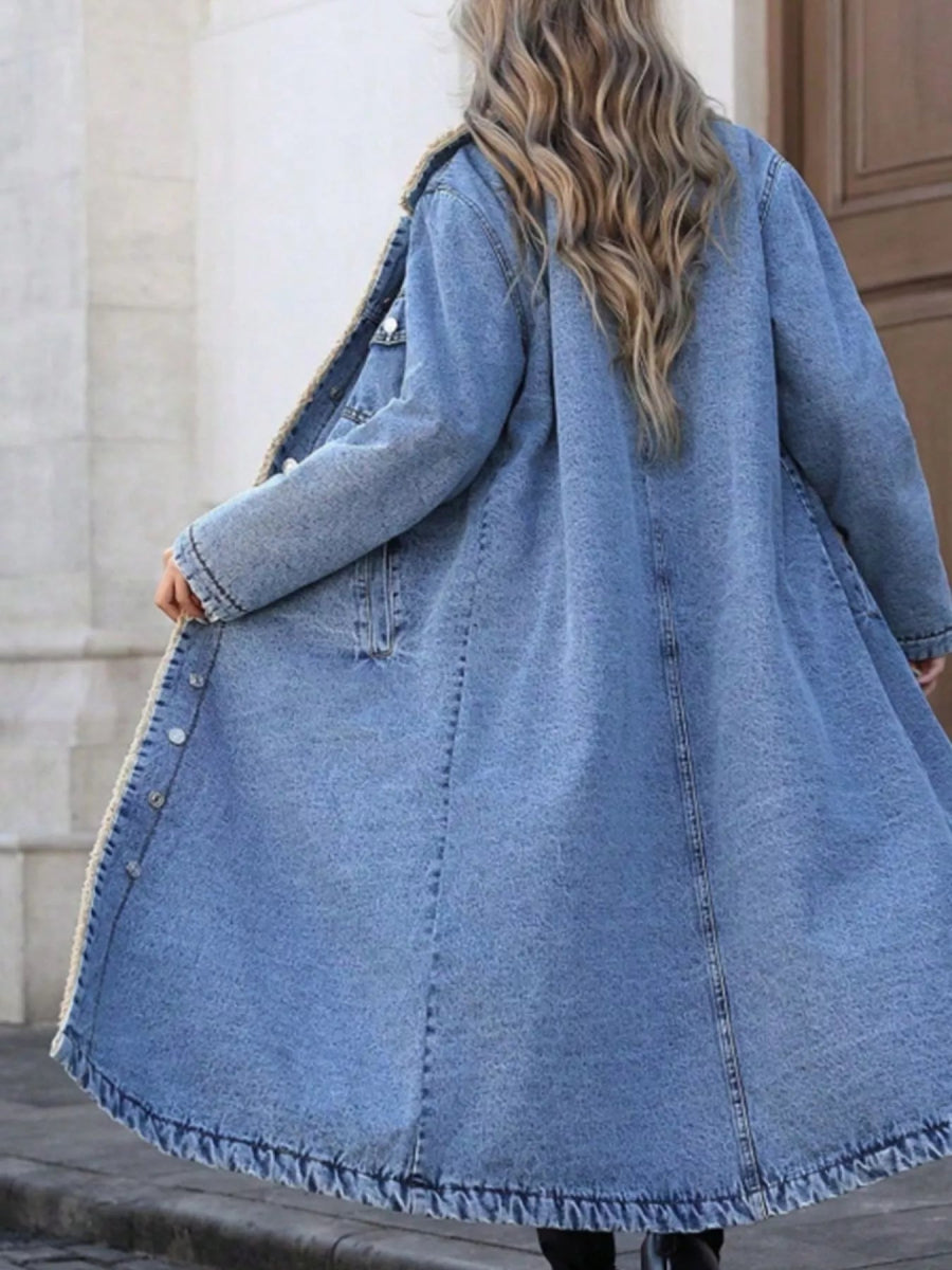 Sherpa Lined Longline Denim Jacket-Nordavory
