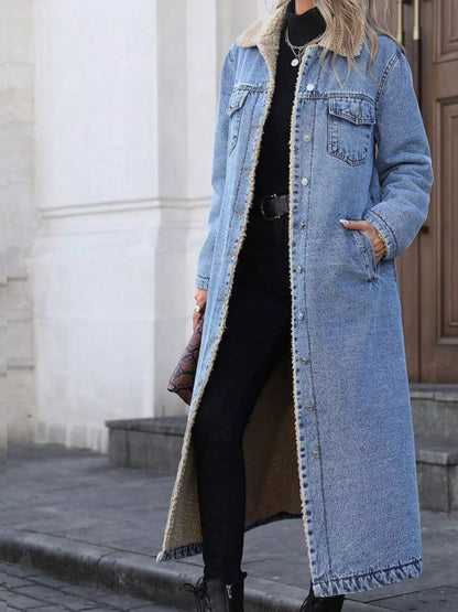 Sherpa Lined Longline Denim Jacket-Nordavory