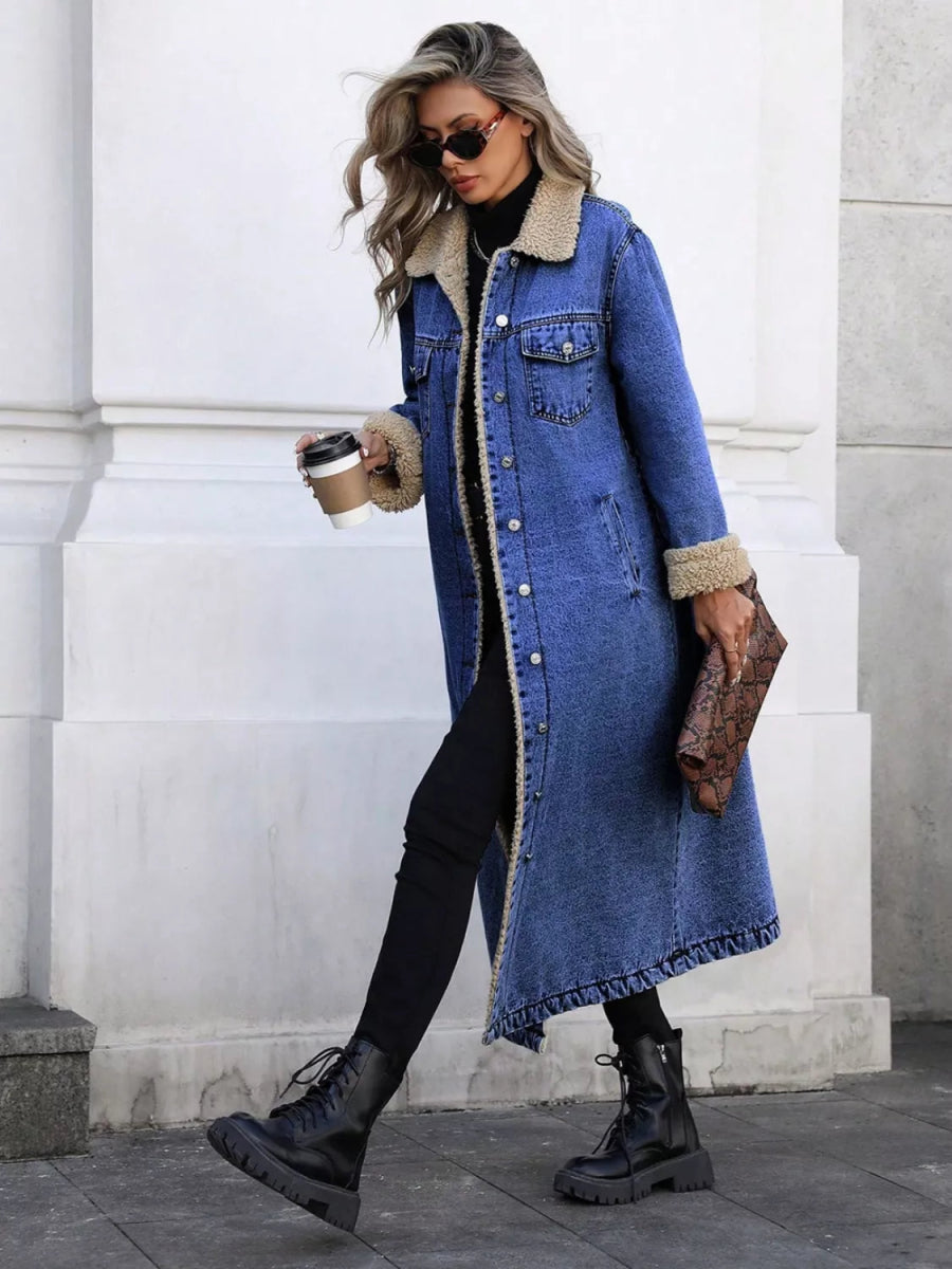 Sherpa Lined Longline Denim Jacket-Nordavory