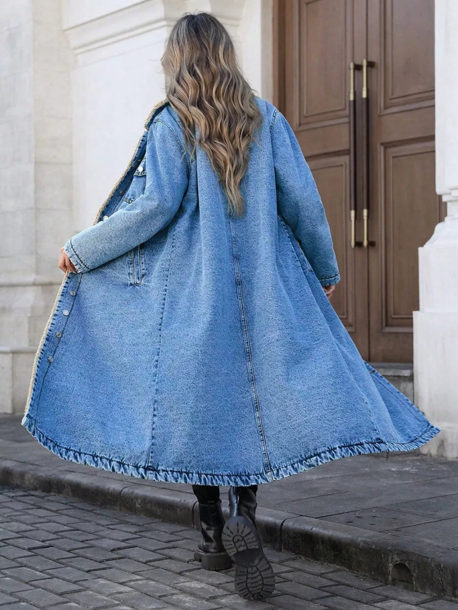 Sherpa Lined Longline Denim Jacket-Nordavory