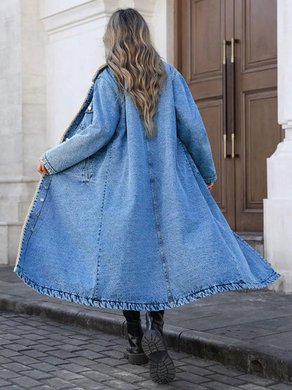 Sherpa Lined Longline Denim Jacket-Nordavory