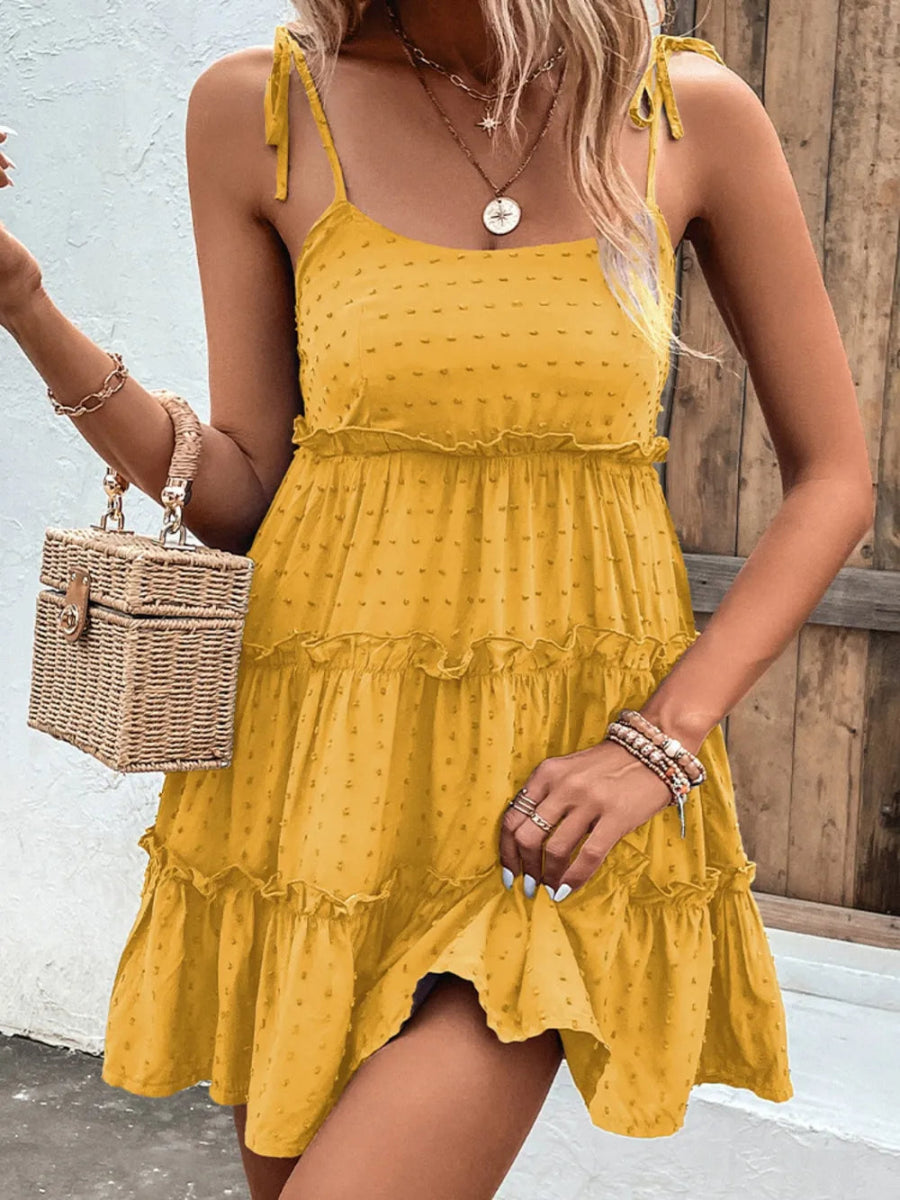 Shiny Frill Spaghetti Strap Tiered Dress-Nordavory