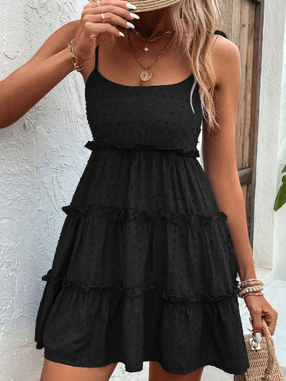 Shiny Frill Spaghetti Strap Tiered Dress-Nordavory