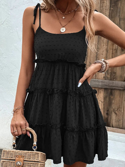 Shiny Frill Spaghetti Strap Tiered Dress-Nordavory