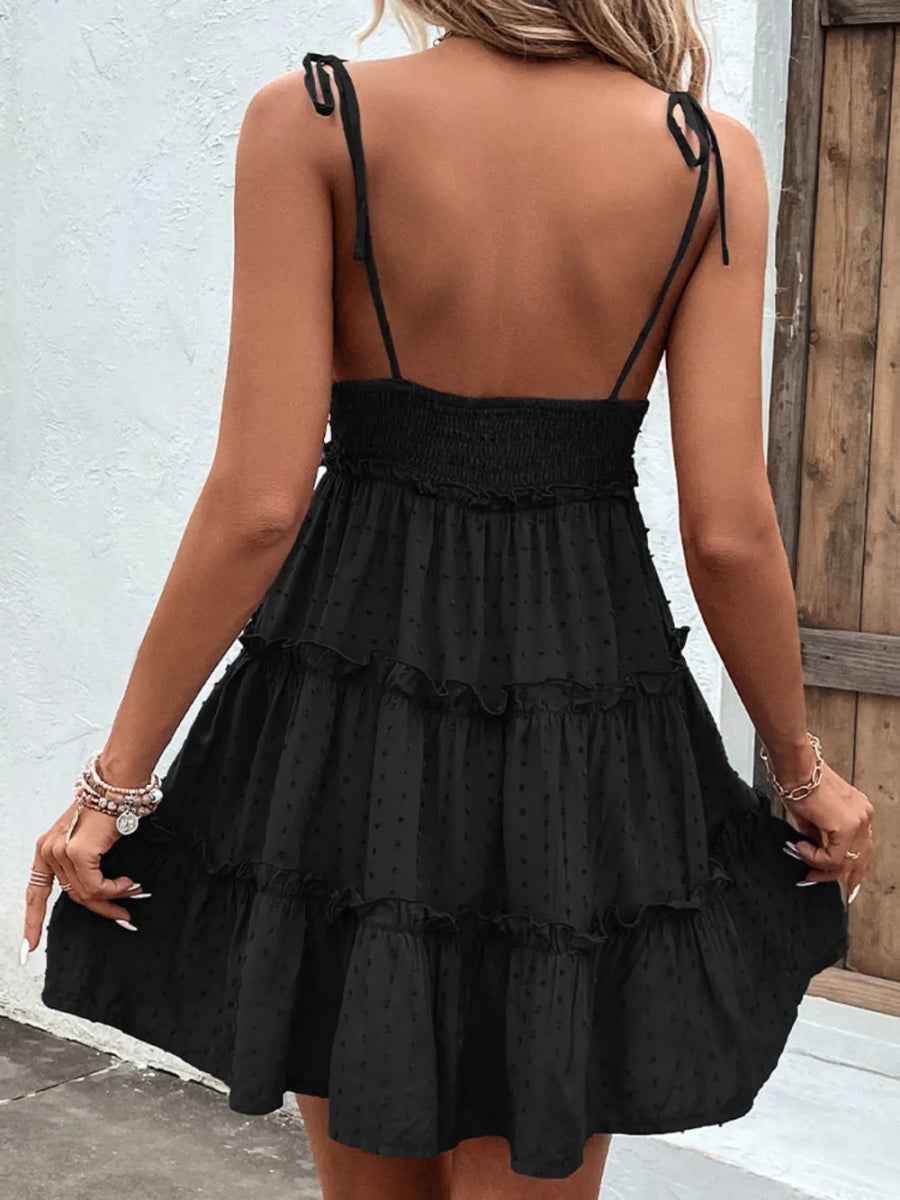 Shiny Frill Spaghetti Strap Tiered Dress-Nordavory