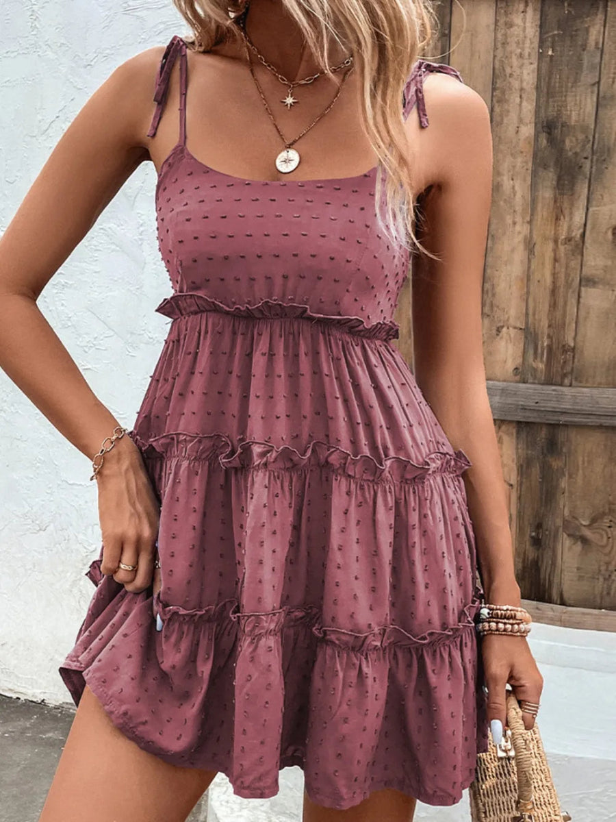 Shiny Frill Spaghetti Strap Tiered Dress-Nordavory