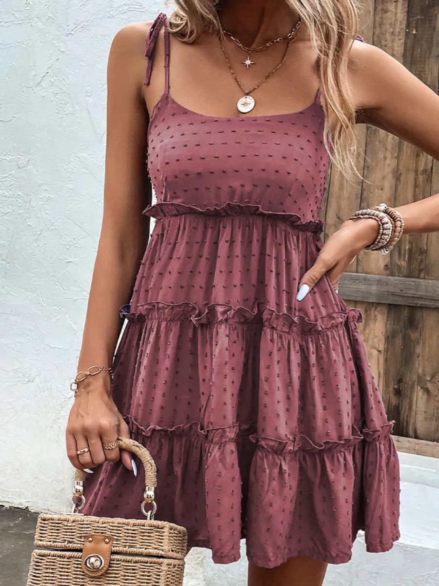 Shiny Frill Spaghetti Strap Tiered Dress-Nordavory