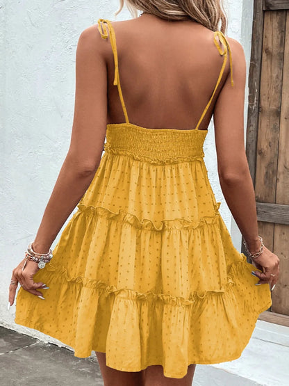 Shiny Frill Spaghetti Strap Tiered Dress-Nordavory