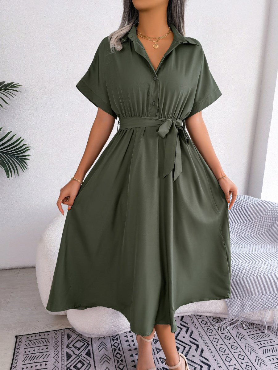 Short Sleeve Collared Tie Belt Dress-Nordavory