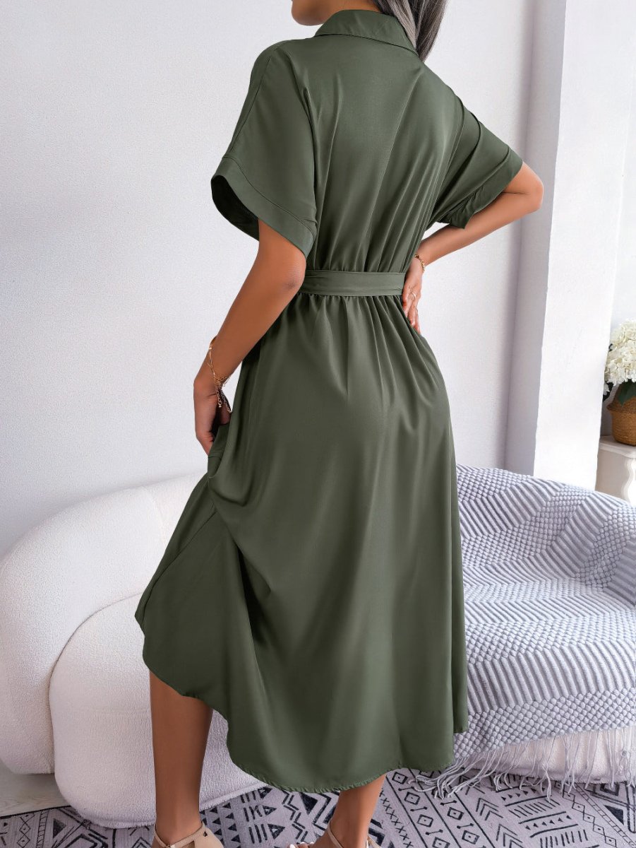 Short Sleeve Collared Tie Belt Dress-Nordavory