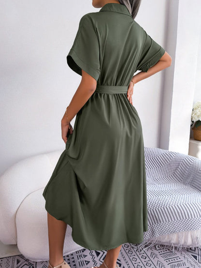 Short Sleeve Collared Tie Belt Dress-Nordavory