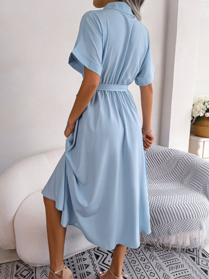 Short Sleeve Collared Tie Belt Dress-Nordavory