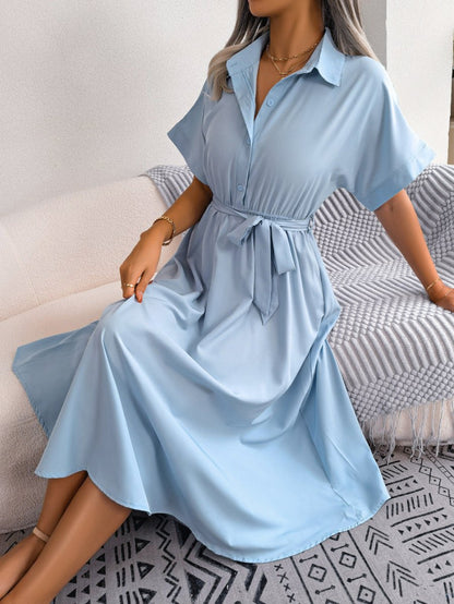 Short Sleeve Collared Tie Belt Dress-Nordavory