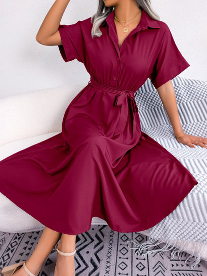 Short Sleeve Collared Tie Belt Dress-Nordavory