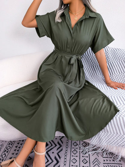 Short Sleeve Collared Tie Belt Dress-Nordavory