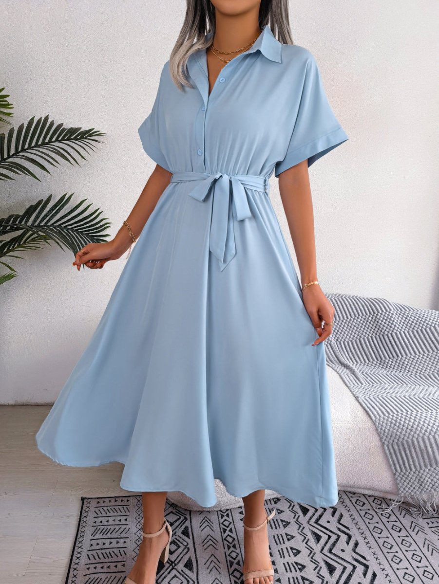 Short Sleeve Collared Tie Belt Dress-Nordavory