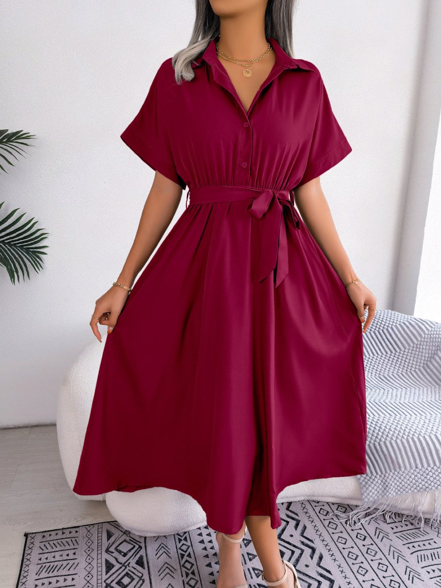 Short Sleeve Collared Tie Belt Dress-Nordavory