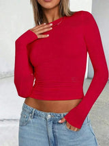 Solid Color Round Neck Long Sleeve T-Shirt - Nordavory