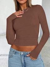 Solid Color Round Neck Long Sleeve T-Shirt - Nordavory