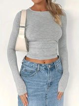 Solid Color Round Neck Long Sleeve T-Shirt - Nordavory