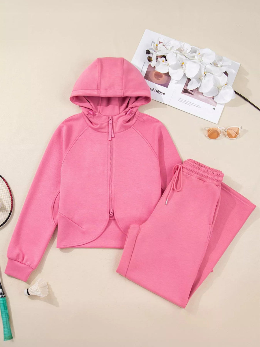 Solid Color Zip Up Hoodie Drawstring Loose Pants Set-Nordavory