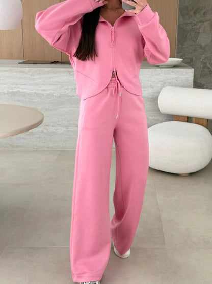 Solid Color Zip Up Hoodie Drawstring Loose Pants Set-Nordavory