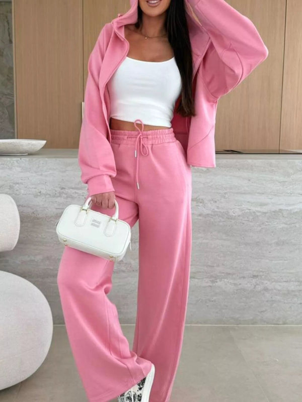 Solid Color Zip Up Hoodie Drawstring Loose Pants Set-Nordavory