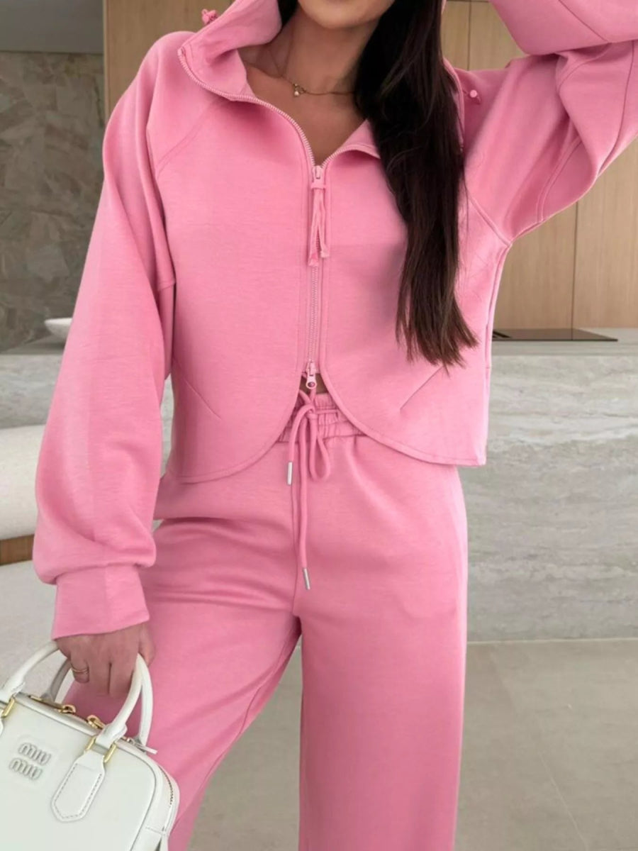 Solid Color Zip Up Hoodie Drawstring Loose Pants Set-Nordavory