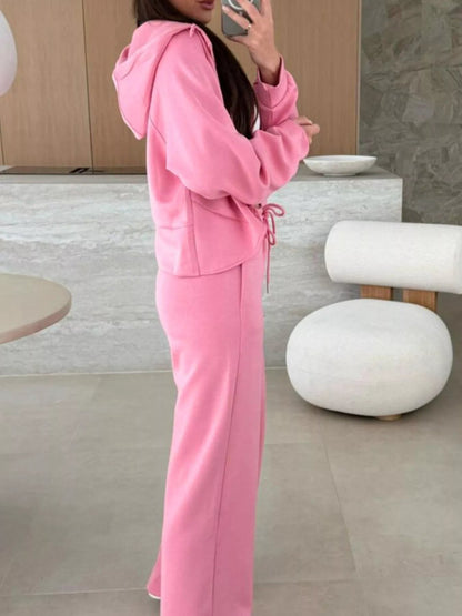 Solid Color Zip Up Hoodie Drawstring Loose Pants Set-Nordavory