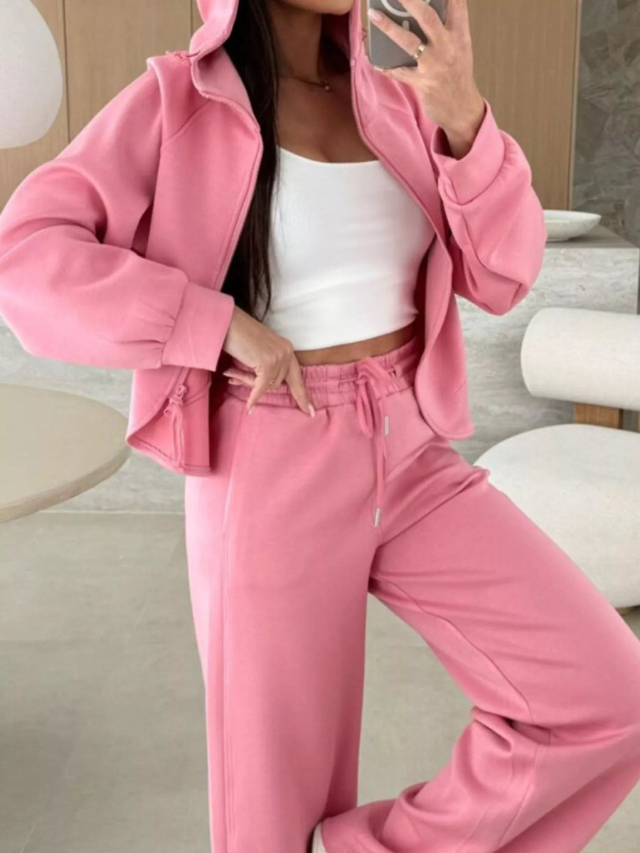 Solid Color Zip Up Hoodie Drawstring Loose Pants Set-Nordavory
