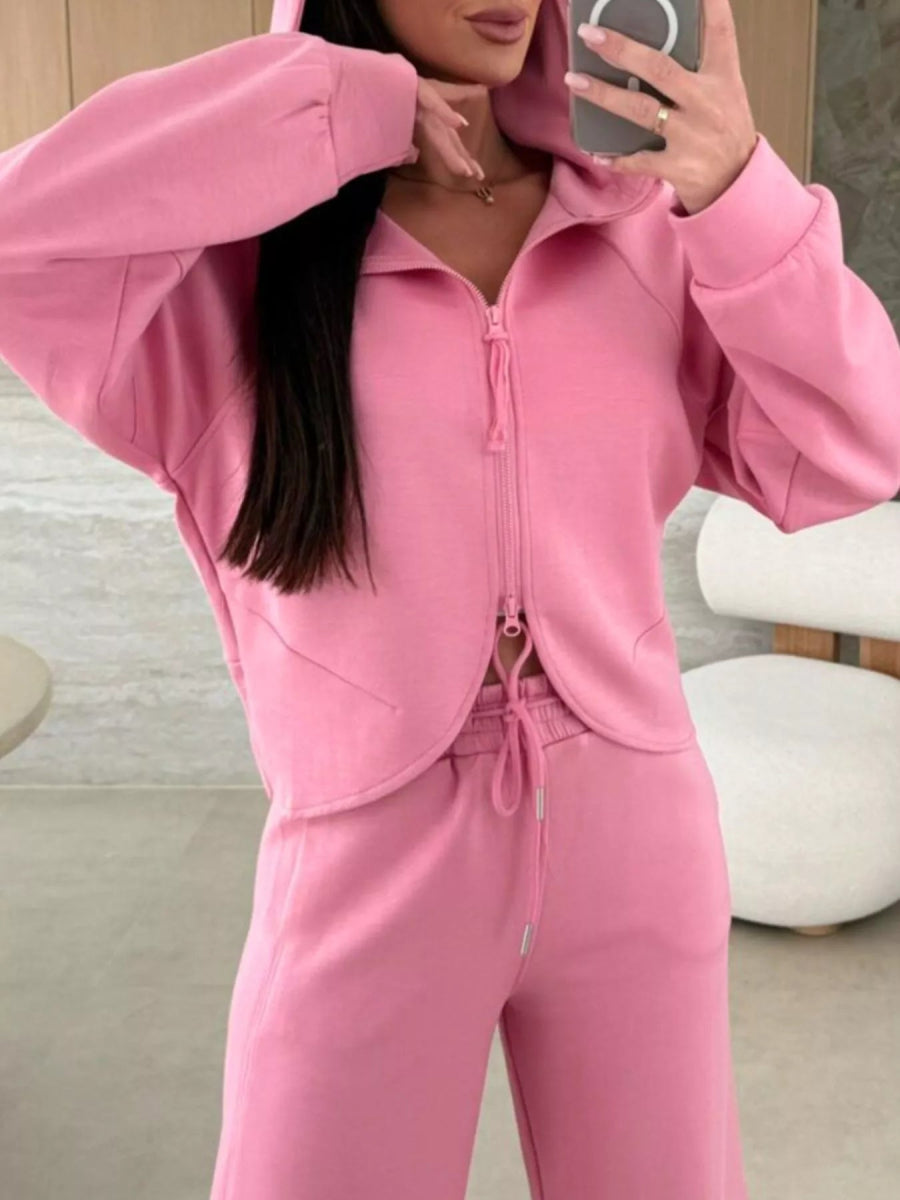 Solid Color Zip Up Hoodie Drawstring Loose Pants Set-Nordavory