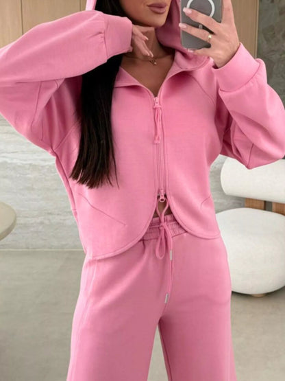 Solid Color Zip Up Hoodie Drawstring Loose Pants Set-Nordavory
