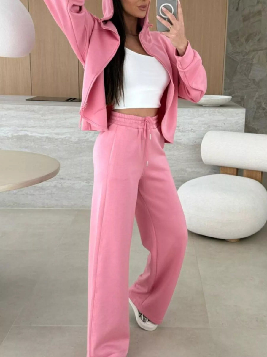 Solid Color Zip Up Hoodie Drawstring Loose Pants Set-Nordavory