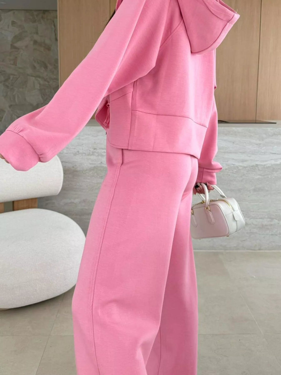 Solid Color Zip Up Hoodie Drawstring Loose Pants Set-Nordavory