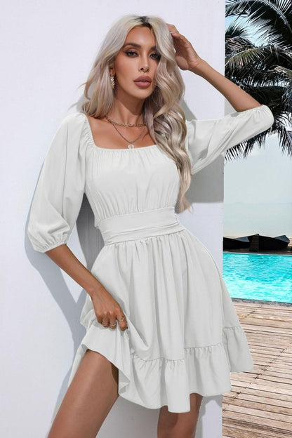 Square Neck Tie Back Ruffle Hem Dress-Nordavory