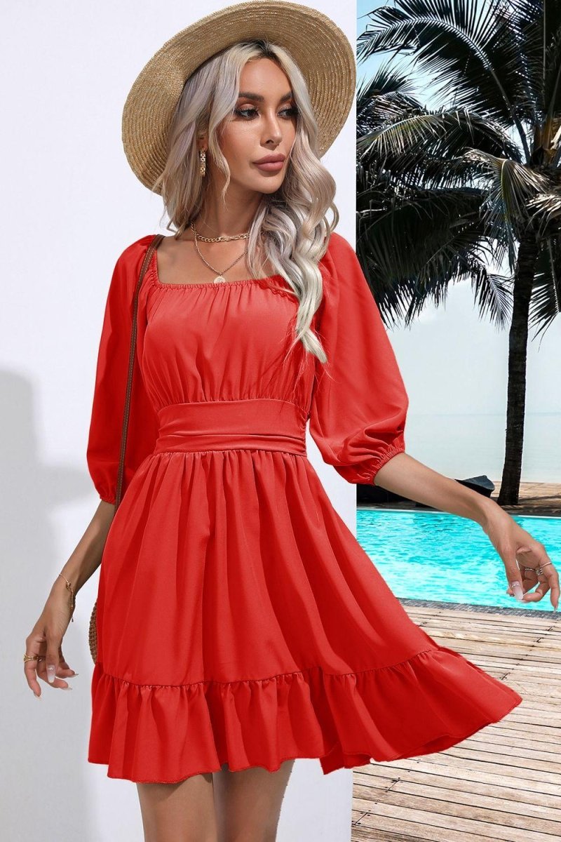 Square Neck Tie Back Ruffle Hem Dress-Nordavory